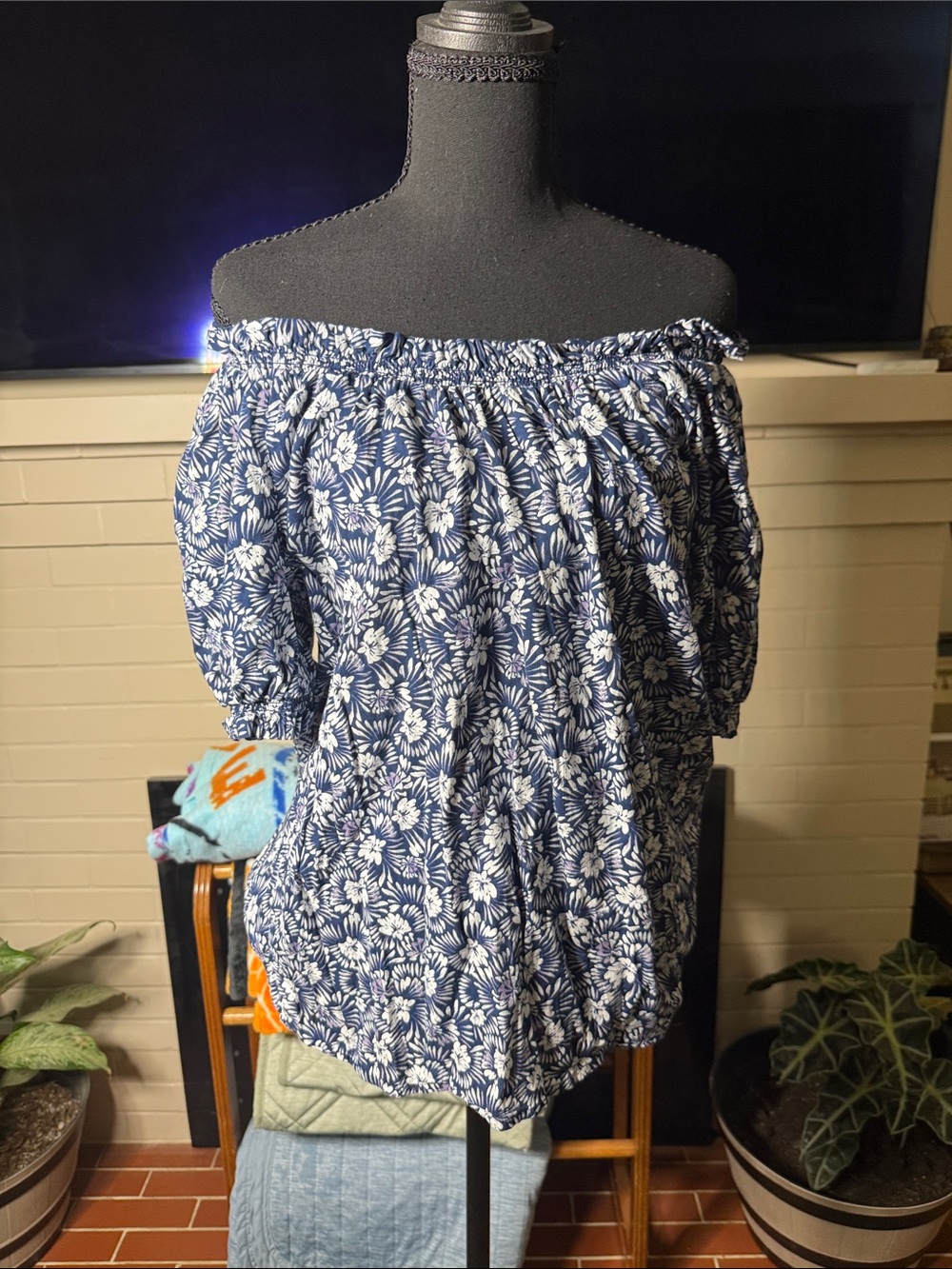 St. John's Bay Navy and White Floral Off-Shoulder Blouse